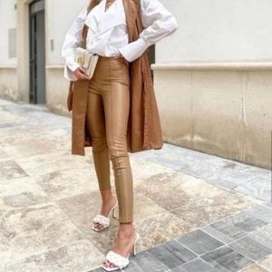ZARA TAN BEIGE NEUTRAL LEATHER HIGH WAIST SKINNY LEG LEGGINGS
